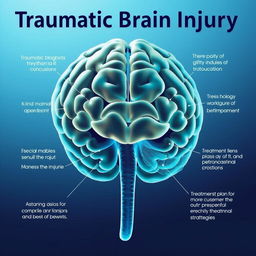 A detailed overview of Traumatic Brain Injury (TBI), including the causes, pathology of traumatic brain lesion, types of injuries such as concussion, contusions, diffuse axonal injury, hematomas, and skull fractures