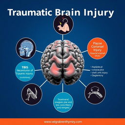 A detailed overview of Traumatic Brain Injury (TBI), including the causes, pathology of traumatic brain lesion, types of injuries such as concussion, contusions, diffuse axonal injury, hematomas, and skull fractures