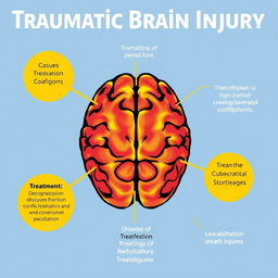 A detailed overview of Traumatic Brain Injury (TBI), including the causes, pathology of traumatic brain lesion, types of injuries such as concussion, contusions, diffuse axonal injury, hematomas, and skull fractures