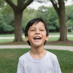 A 7-year-old boy with brown eyes and black hair is captured in a moment of laughter, framed against the backdrop of an inviting park.