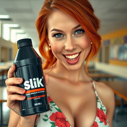 A stunning close-up shot of a gorgeous redhead female with a large chest and generous cleavage, wearing a floral pattern sundress