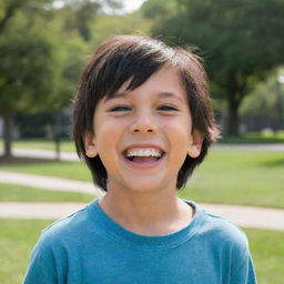 A 7-year-old boy with brown eyes and black hair is captured in a moment of laughter, framed against the backdrop of an inviting park.