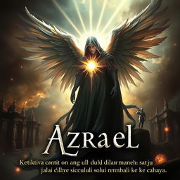 A dark yet hopeful fantasy cover featuring Azrael, who transforms from a figure shrouded in hatred into a radiant symbol of love and redemption