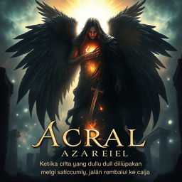 A dark yet hopeful fantasy cover featuring Azrael, who transforms from a figure shrouded in hatred into a radiant symbol of love and redemption