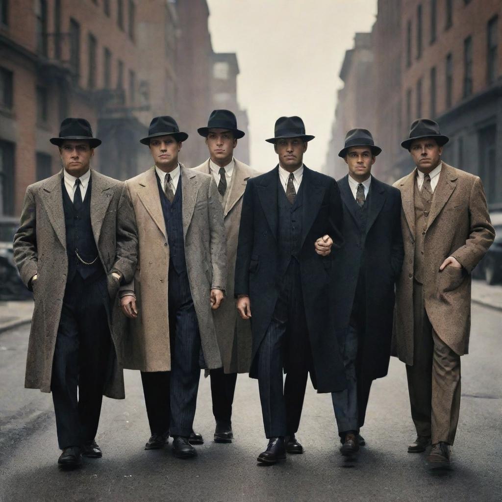 Six vintage style gangsters from the 1920s, each with unique clothing and characteristics, standing against the backdrop of a gritty city-scene.