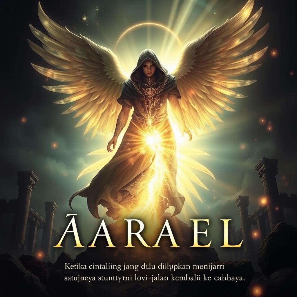 A dark yet hopeful fantasy cover featuring Azrael, who transforms from a figure shrouded in hatred into a radiant symbol of love and redemption