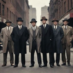 Six vintage style gangsters from the 1920s, each with unique clothing and characteristics, standing against the backdrop of a gritty city-scene.