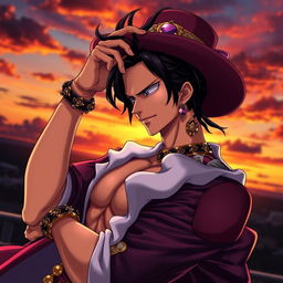 A sensual pose of Esparadachin from One Piece, showcasing his unique character design with intricate details on his clothing and accessories