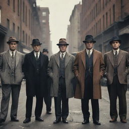 Six vintage style gangsters from the 1920s, each with unique clothing and characteristics, standing against the backdrop of a gritty city-scene.