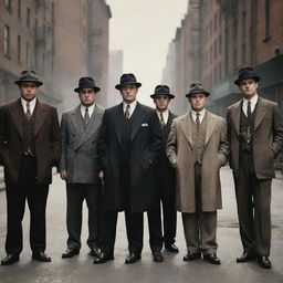 Six vintage style gangsters from the 1920s, each with unique clothing and characteristics, standing against the backdrop of a gritty city-scene.