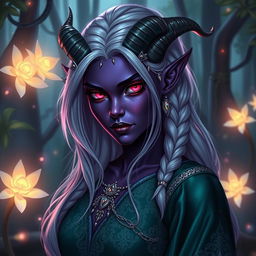 A strikingly beautiful tiefling woman with dark purple skin and vibrant, glowing red eyes