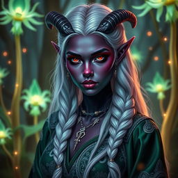 A strikingly beautiful tiefling woman with dark purple skin and vibrant, glowing red eyes