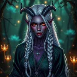 A strikingly beautiful tiefling woman with dark purple skin and vibrant, glowing red eyes