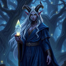 An enchanting tiefling mage standing in a mystical forest