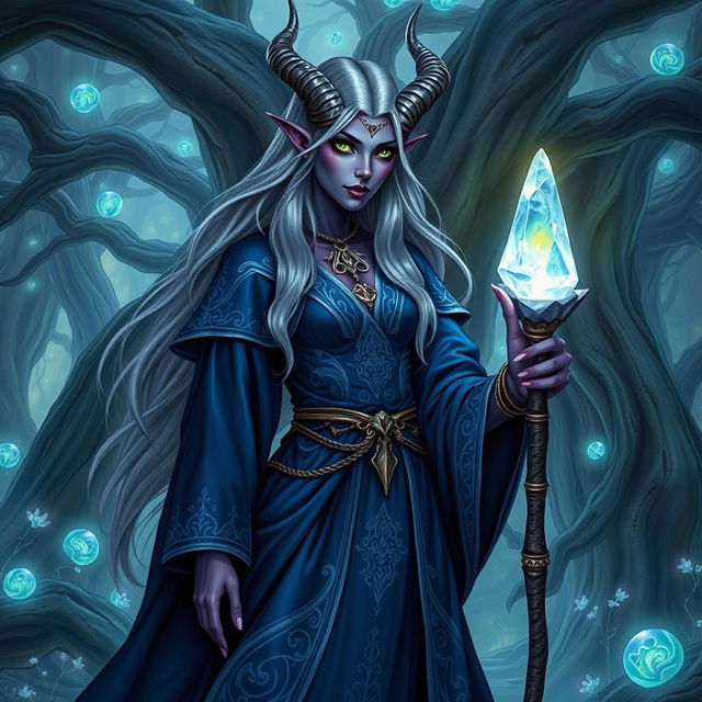 An enchanting tiefling mage standing in a mystical forest