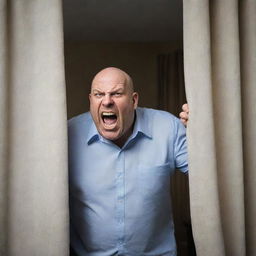 Develop a realistic image of an extremely angry, perspiring, hefty bald man acting crazily on the brink of throwing a curtain out of the window.