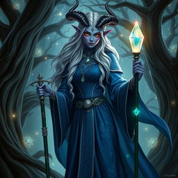 An enchanting tiefling mage standing in a mystical forest