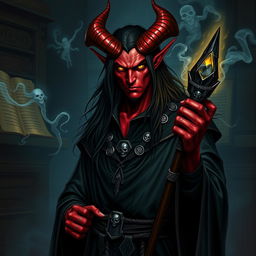 A male tiefling necromancer standing in a dark, shadowy chamber filled with ancient tomes and glowing runes