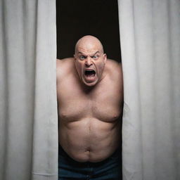 Develop a realistic image of an extremely angry, perspiring, hefty bald man acting crazily on the brink of throwing a curtain out of the window.