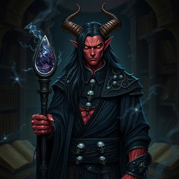 A male tiefling necromancer standing in a dark, shadowy chamber filled with ancient tomes and glowing runes