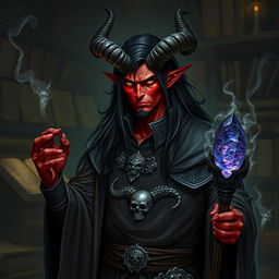 A male tiefling necromancer standing in a dark, shadowy chamber filled with ancient tomes and glowing runes