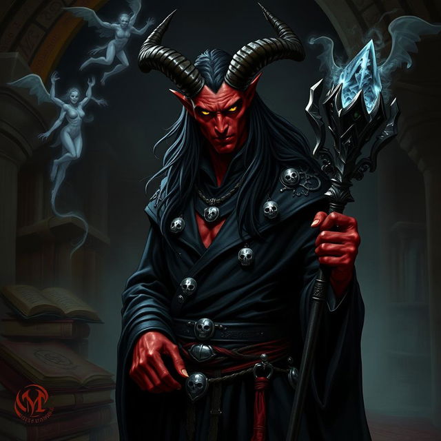 A male tiefling necromancer standing in a dark, shadowy chamber filled with ancient tomes and glowing runes