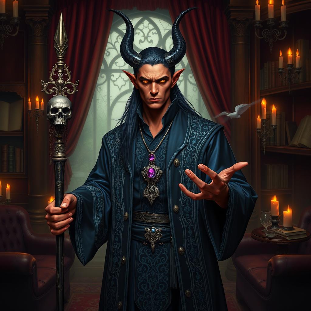 A noble male tiefling necromancer standing confidently in an opulent, dimly lit chamber filled with dark wood furnishings and lush velvet curtains