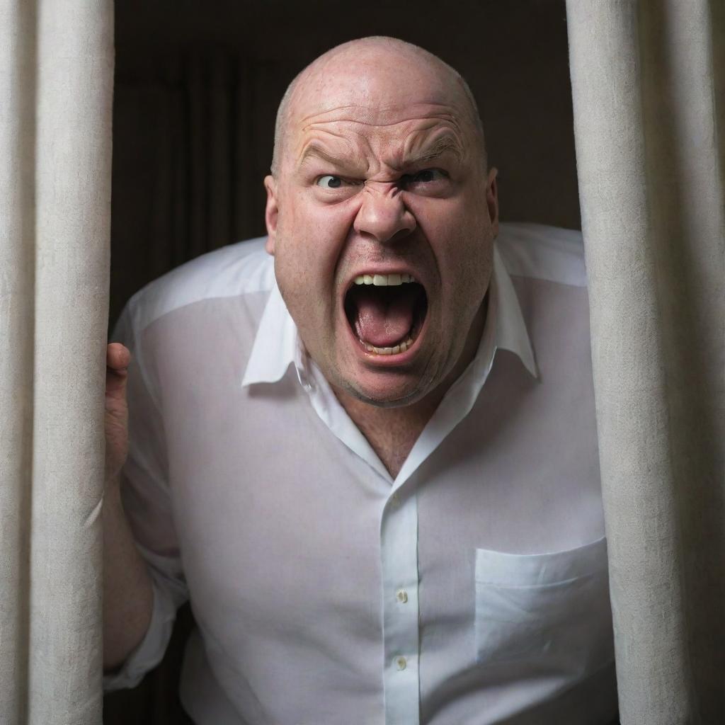 Develop a realistic image of an extremely angry, perspiring, hefty bald man acting crazily on the brink of throwing a curtain out of the window.