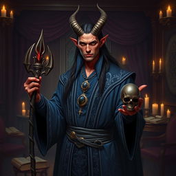 A noble male tiefling necromancer standing confidently in an opulent, dimly lit chamber filled with dark wood furnishings and lush velvet curtains
