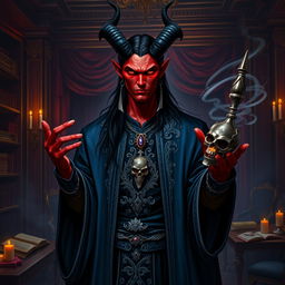 A noble male tiefling necromancer standing confidently in an opulent, dimly lit chamber filled with dark wood furnishings and lush velvet curtains