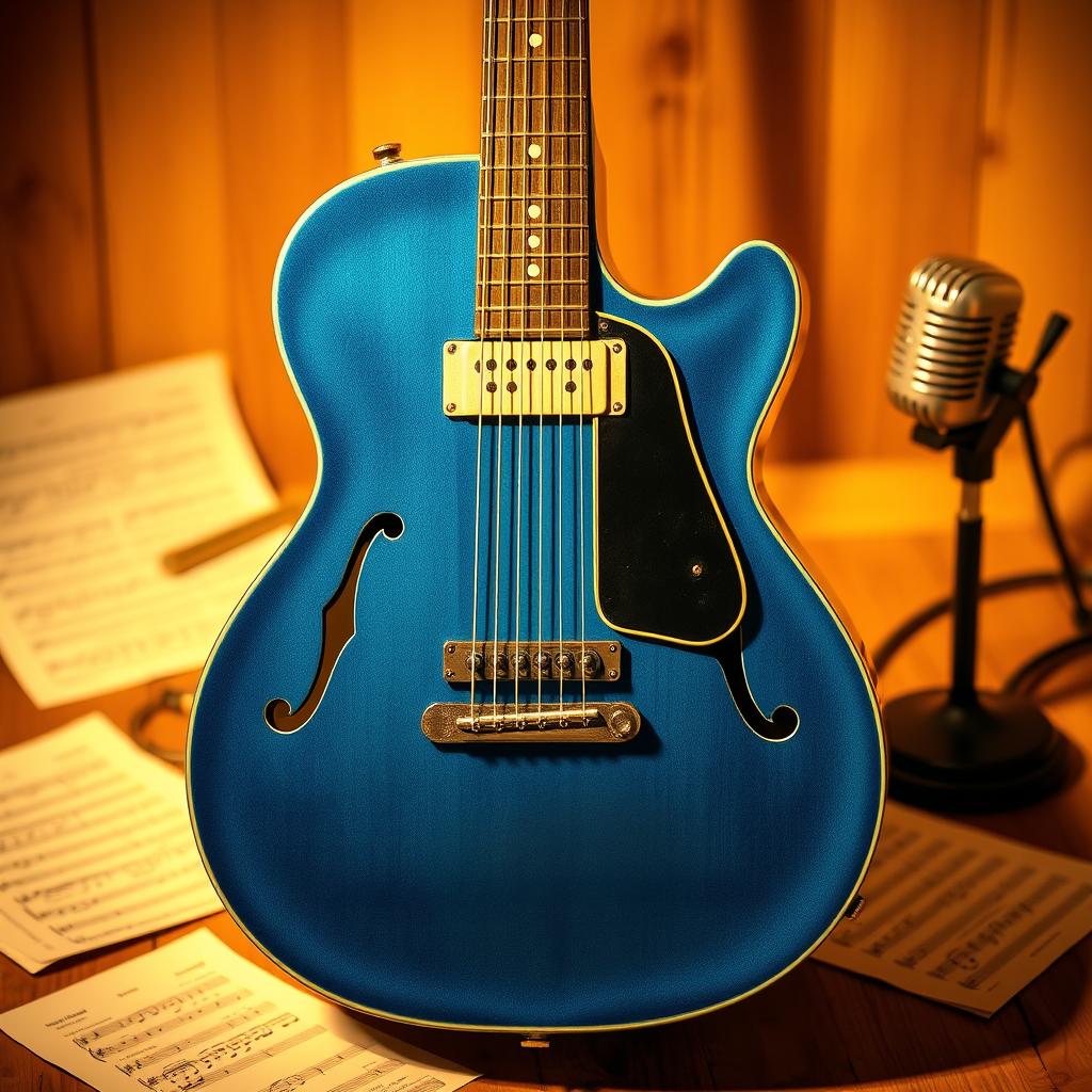 A stunning blue guitar showcased on a wooden stage, bathed in soft, warm spotlight