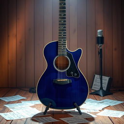 A stunning blue guitar showcased on a wooden stage, bathed in soft, warm spotlight