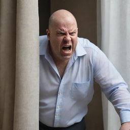 Develop a realistic image of an extremely angry, perspiring, hefty bald man acting crazily on the brink of throwing a curtain out of the window.