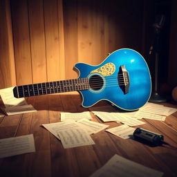 A stunning blue guitar showcased on a wooden stage, bathed in soft, warm spotlight