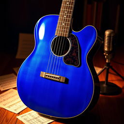 A stunning blue guitar showcased on a wooden stage, bathed in soft, warm spotlight