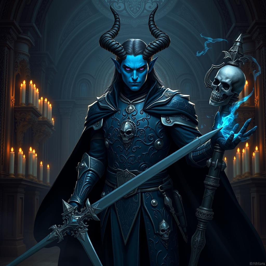 A noble male tiefling necromancer knight standing confidently in a grand, gothic hall adorned with ornate carvings and flickering candlelight