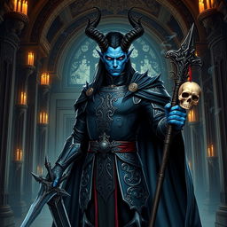 A noble male tiefling necromancer knight standing confidently in a grand, gothic hall adorned with ornate carvings and flickering candlelight