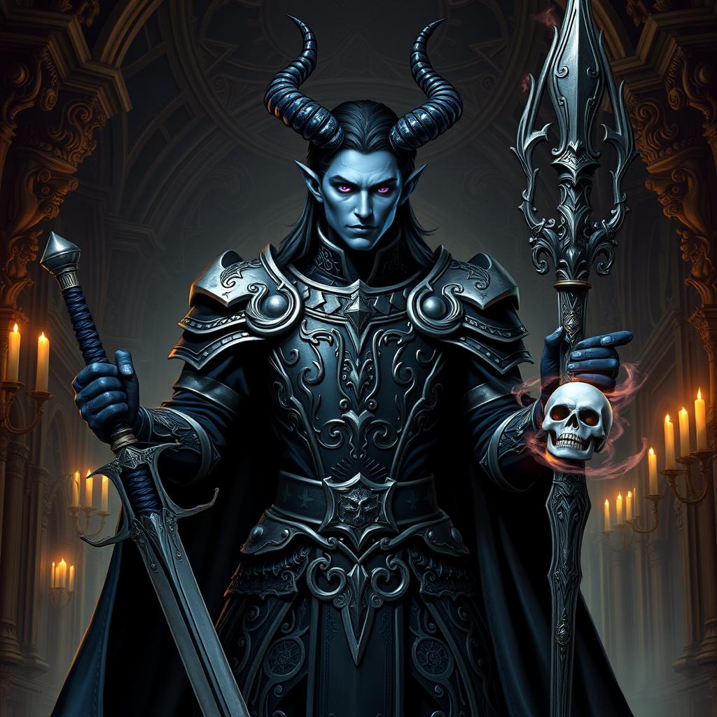 A noble male tiefling necromancer knight standing confidently in a grand, gothic hall adorned with ornate carvings and flickering candlelight