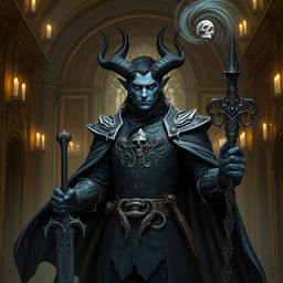 A noble male tiefling necromancer knight standing confidently in a grand, gothic hall adorned with ornate carvings and flickering candlelight