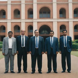 Six old-school style gangsters, each sporting unique characteristics, standing in front of an iconic university building in Sri Lanka, blending the contrasting elements of idyllic academics and the underworld.