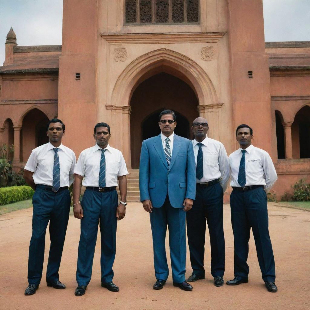 Six old-school style gangsters, each sporting unique characteristics, standing in front of an iconic university building in Sri Lanka, blending the contrasting elements of idyllic academics and the underworld.