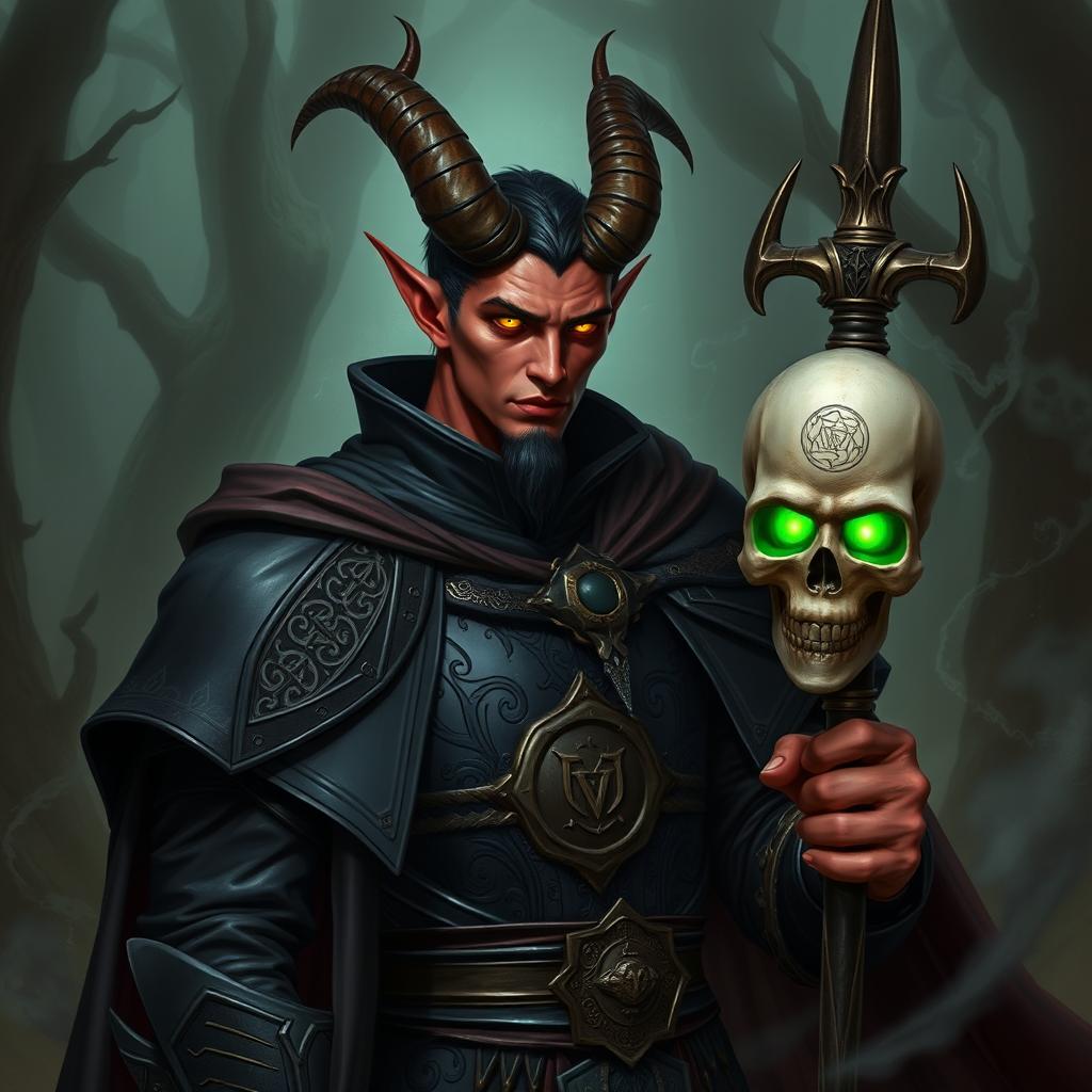 A male tiefling necromancer knight, exuding an aura of nobility