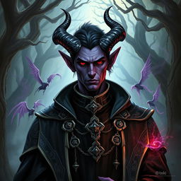 A male tiefling necromancer with an air of nobility