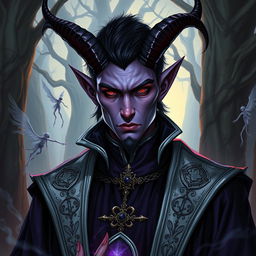 A male tiefling necromancer with an air of nobility