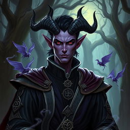 A male tiefling necromancer with an air of nobility