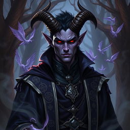 A male tiefling necromancer with an air of nobility