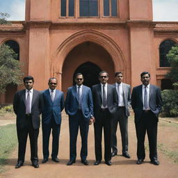 Six old-school style gangsters, each sporting unique characteristics, standing in front of an iconic university building in Sri Lanka, blending the contrasting elements of idyllic academics and the underworld.