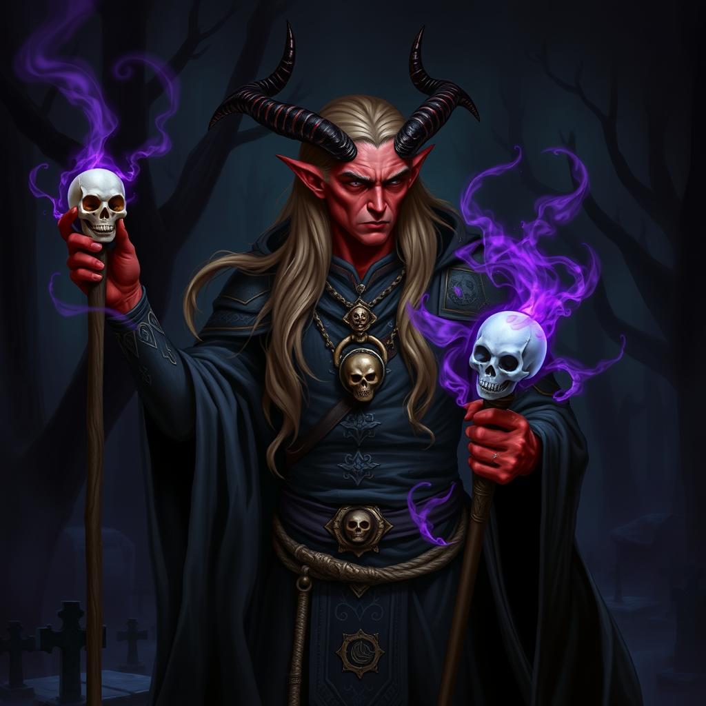 A male tiefling with long, flowing hair, dressed as a powerful necromancer