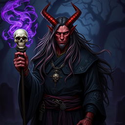 A male tiefling with long, flowing hair, dressed as a powerful necromancer