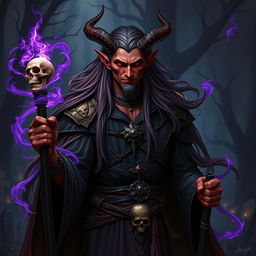 A male tiefling with long, flowing hair, dressed as a powerful necromancer